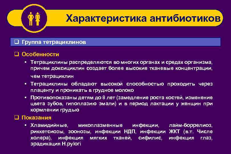  Характеристика антибиотиков q Группа тетрациклинов q Особенности § Тетрациклины распределяются во многих органах