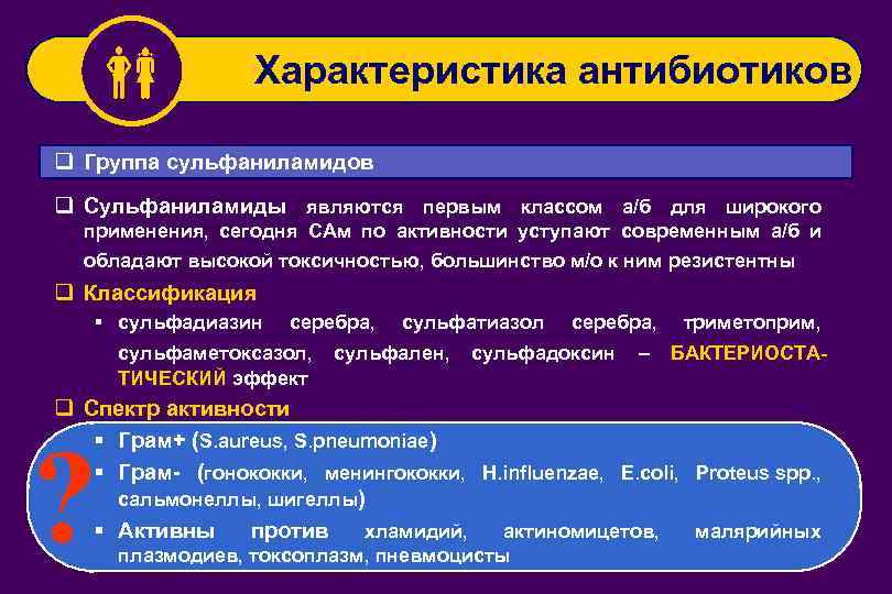  Характеристика антибиотиков q Группа сульфаниламидов q Сульфаниламиды являются первым классом а/б для широкого