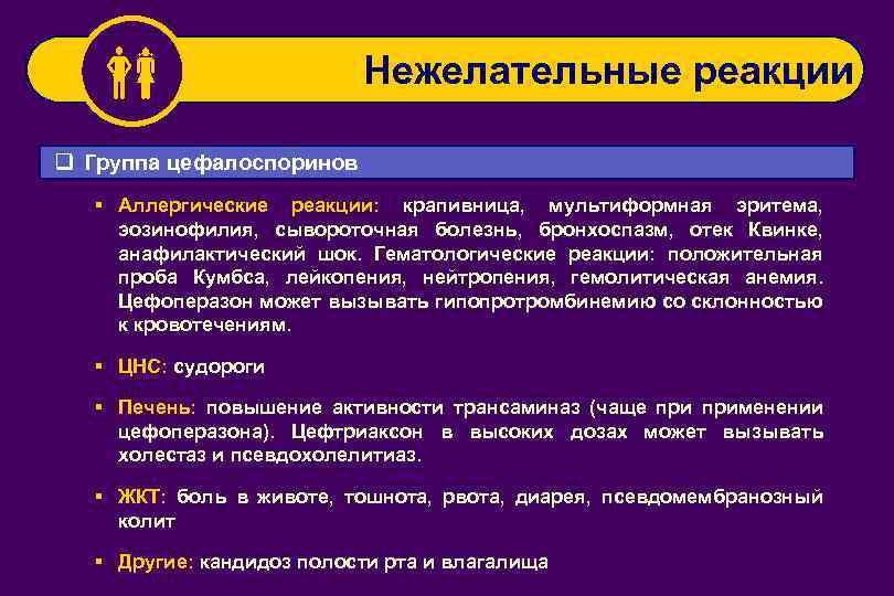  Нежелательные реакции q Группа цефалоспоринов § Аллергические реакции: крапивница, мультиформная эритема, эозинофилия, сывороточная