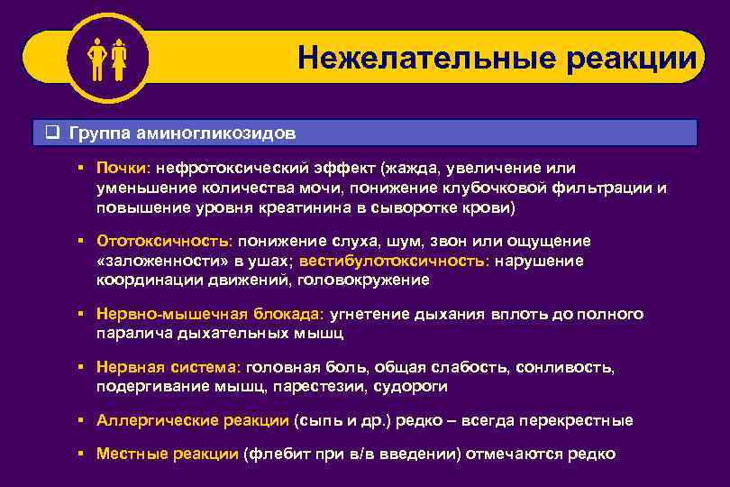  Нежелательные реакции q Группа аминогликозидов § Почки: нефротоксический эффект (жажда, увеличение или уменьшение