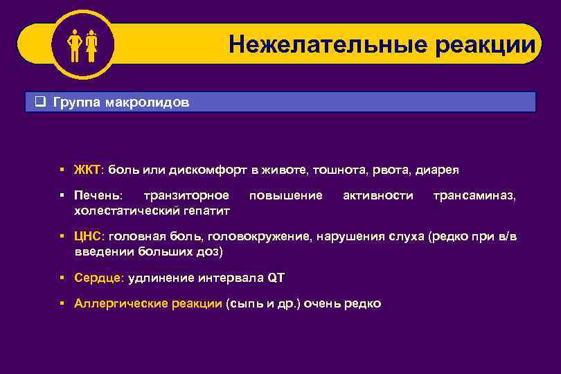  Нежелательные реакции q Группа макролидов § ЖКТ: боль или дискомфорт в животе, тошнота,