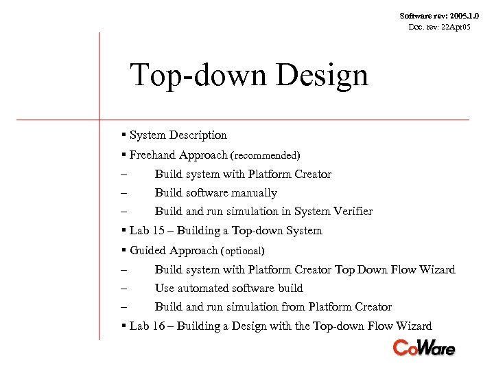 Software rev: 2005. 1. 0 Doc. rev: 22 Apr 05 Top-down Design § System