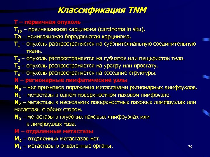 Классификация TNM Т – первичная опухоль TIS – преинвазивная карцинома (carcinoma in situ). Та