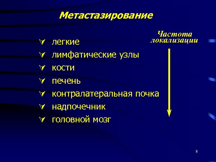 Метастазирование Частота локализации легкие лимфатические узлы кости печень контралатеральная почка надпочечник головной мозг 8