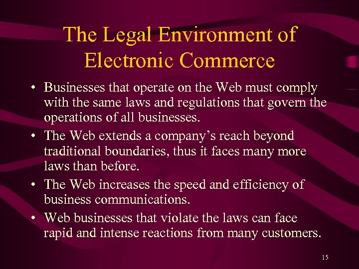 The Legal Environment of Electronic Commerce • Businesses that operate on the Web must