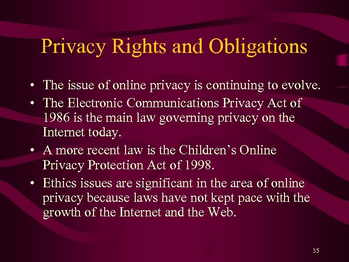 Privacy Rights and Obligations • The issue of online privacy is continuing to evolve.
