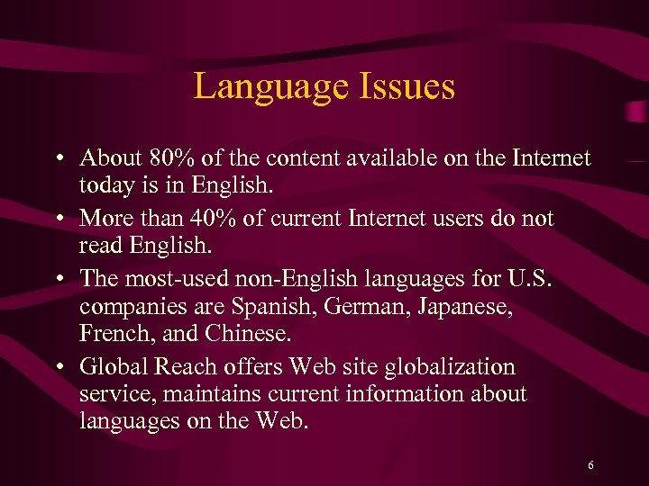 Language Issues • About 80% of the content available on the Internet today is
