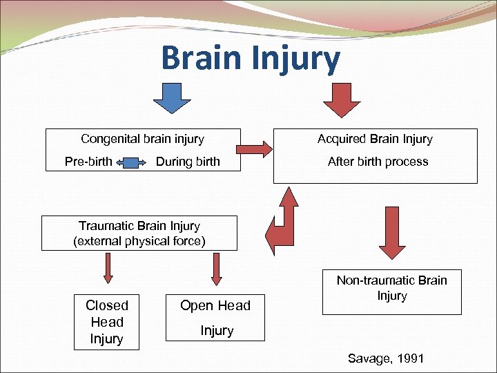 Brain Injury Congenital brain injury Acquired Brain Injury Pre-birth During birth After birth process