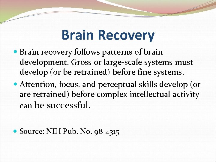 Brain Recovery Brain recovery follows patterns of brain development. Gross or large-scale systems must