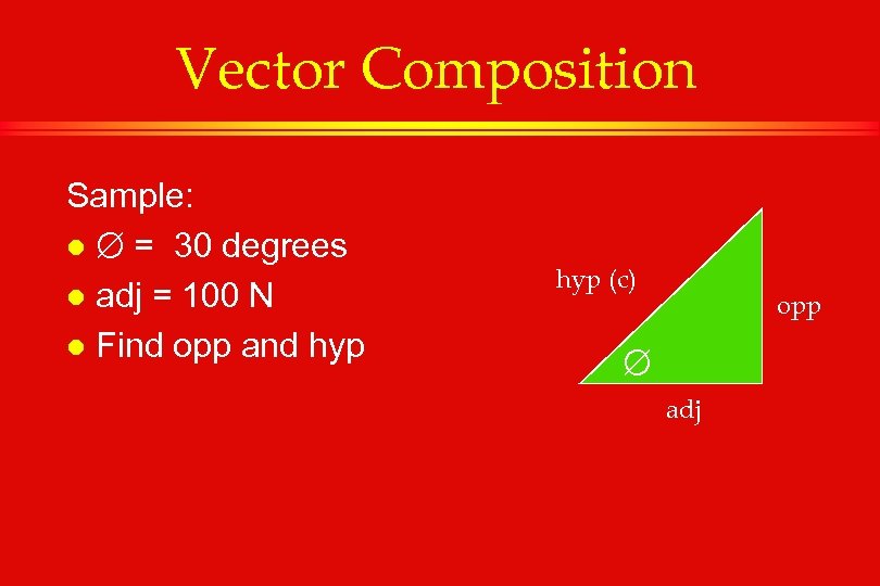 Vector Composition Sample: l = 30 degrees l adj = 100 N l Find