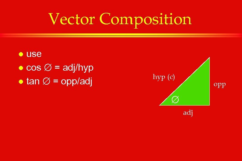 Vector Composition use l cos = adj/hyp l tan = opp/adj l hyp (c)