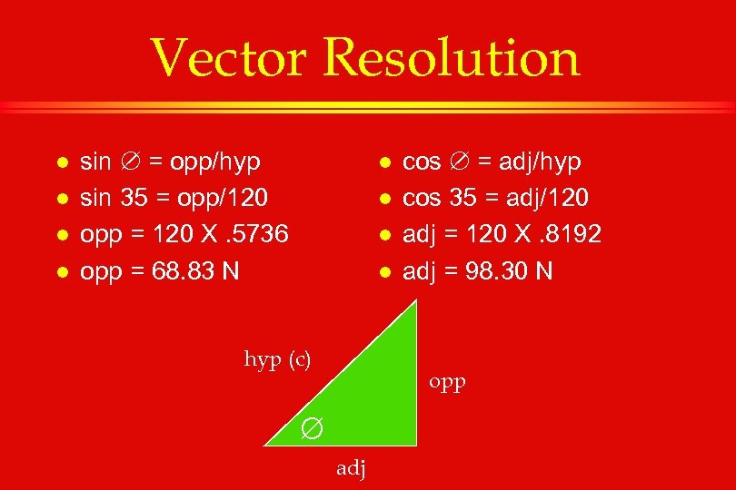 Vector Resolution l l sin = opp/hyp sin 35 = opp/120 opp = 120
