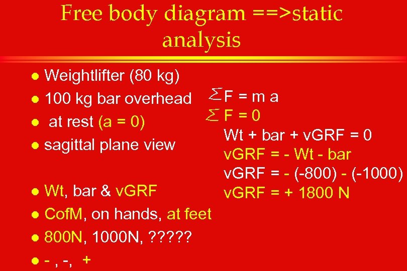 Free body diagram ==>static analysis Weightlifter (80 kg) l 100 kg bar overhead l