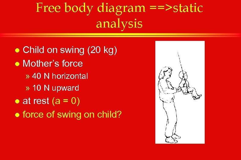 Free body diagram ==>static analysis Child on swing (20 kg) l Mother’s force l