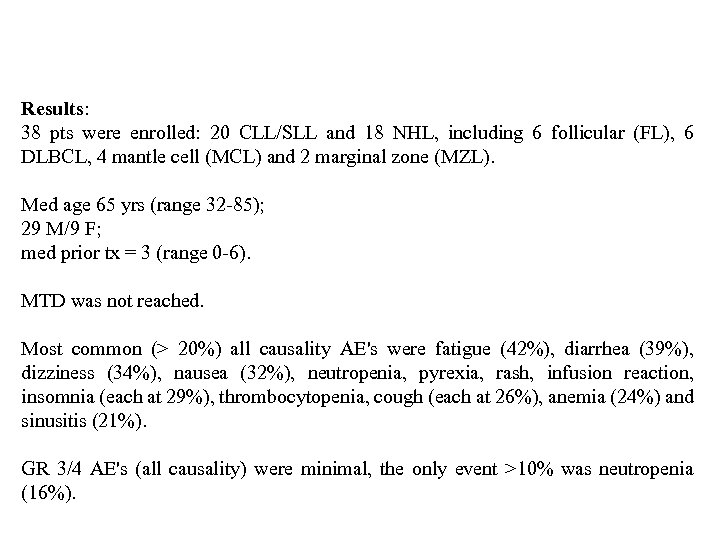 Results: 38 pts were enrolled: 20 CLL/SLL and 18 NHL, including 6 follicular (FL),