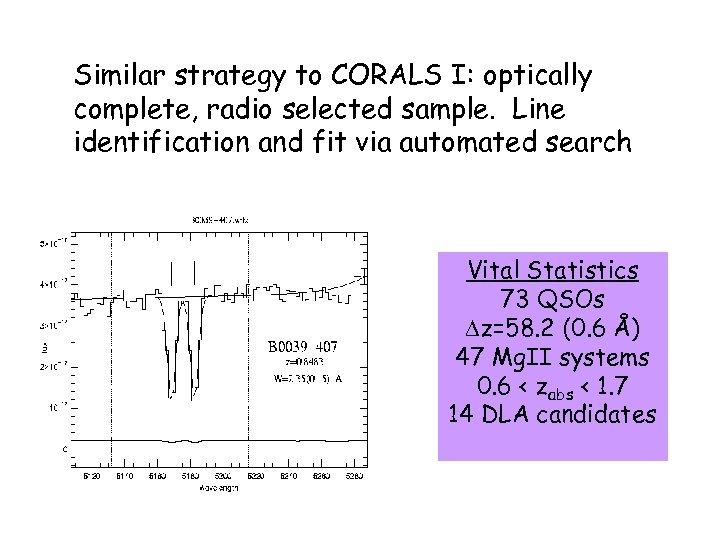Similar strategy to CORALS I: optically complete, radio selected sample. Line identification and fit