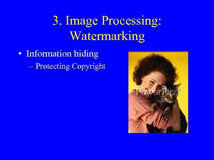 3. Image Processing: Watermarking • Information hiding – Protecting Copyright 