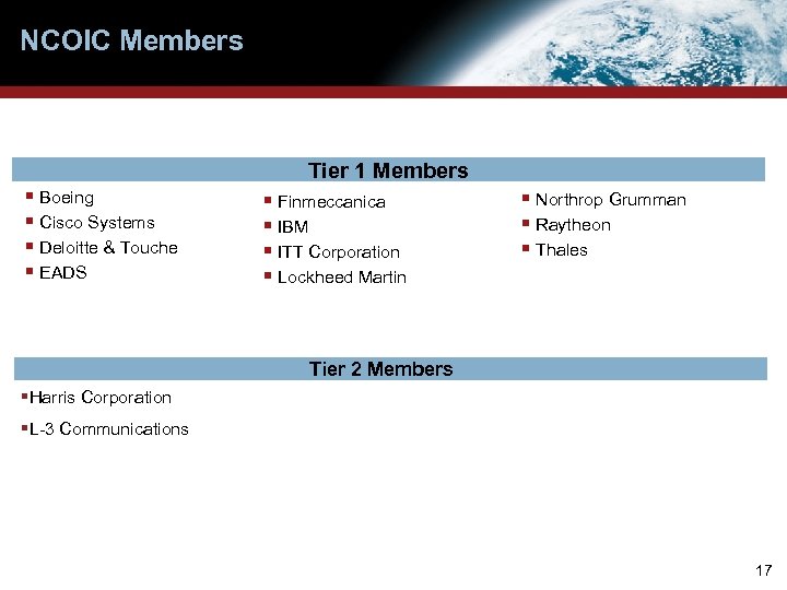 NCOIC Members Tier 1 Members § Boeing § Cisco Systems § Deloitte & Touche