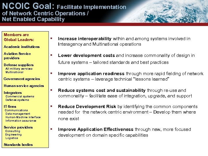 NCOIC Goal: Facilitate Implementation of Network Centric Operations / Net Enabled Capability Members are