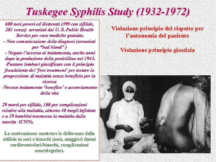 Tuskegee Syphilis Study (1932 -1972) 600 neri poveri ed illetterati (399 con sifilide, 201