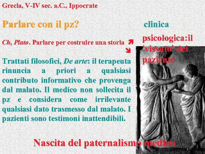 Grecia, V-IV sec. a. C. , Ippocrate Parlare con il pz? Ch, Plato. Parlare
