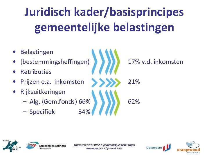 Juridisch kader/basisprincipes gemeentelijke belastingen • • • Belastingen (bestemmingsheffingen) Retributies Prijzen e. a. inkomsten