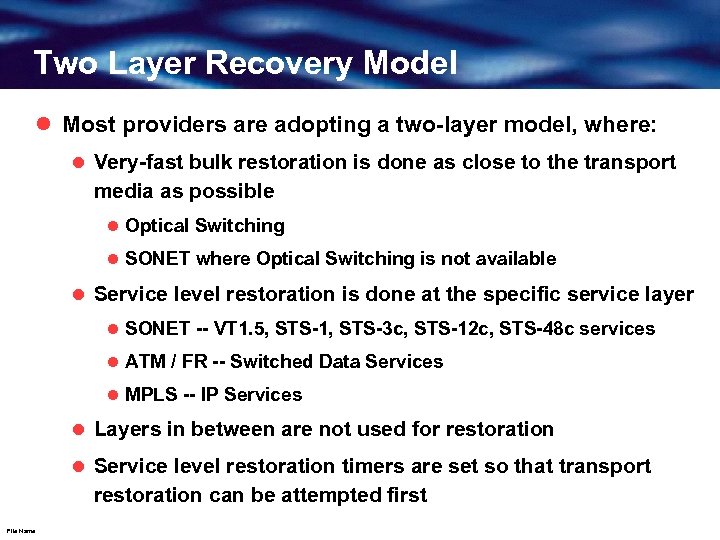 Two Layer Recovery Model l Most providers are adopting a two-layer model, where: l