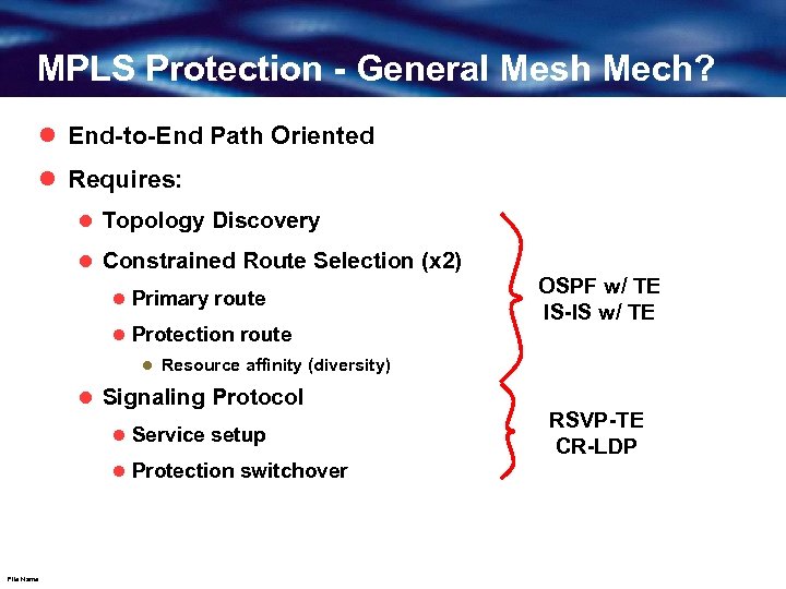 MPLS Protection - General Mesh Mech? l End-to-End Path Oriented l Requires: l Topology