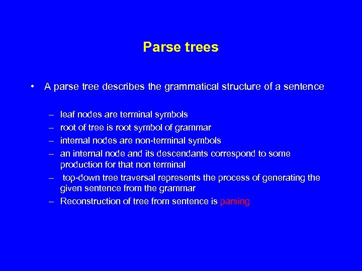Parse trees • A parse tree describes the grammatical structure of a sentence –