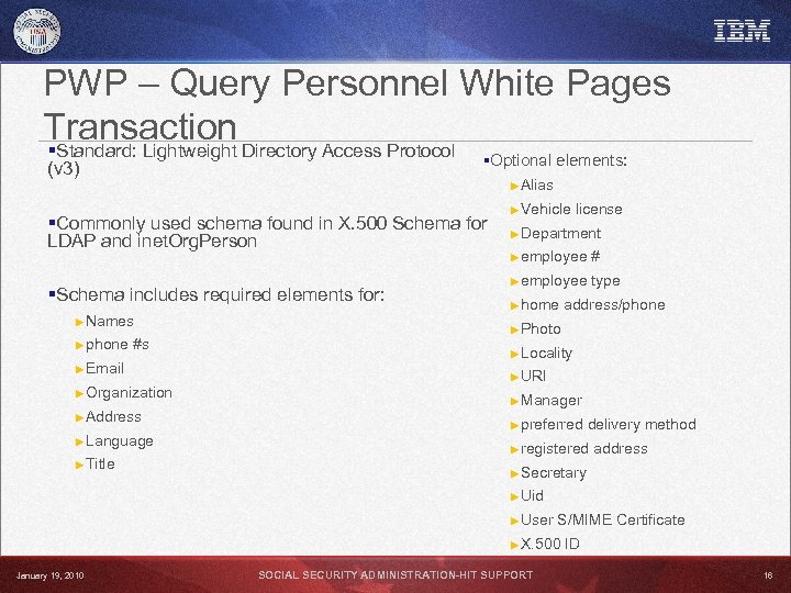 PWP – Query Personnel White Pages Transaction Directory Access Protocol §Standard: Lightweight §Optional elements: