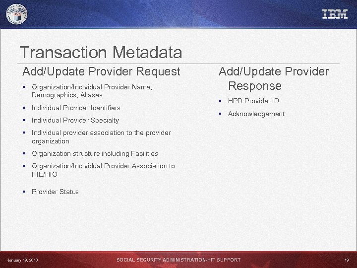 Transaction Metadata Add/Update Provider Request § Organization/Individual Provider Name, Demographics, Aliases § Individual Provider