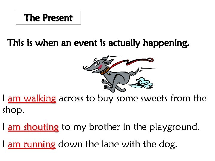 The Present This is when an event is actually happening. I am walking across