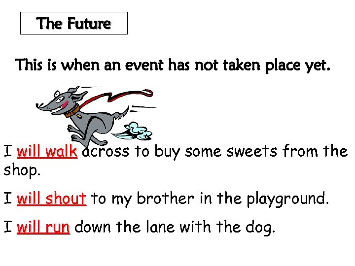 The Future This is when an event has not taken place yet. I will