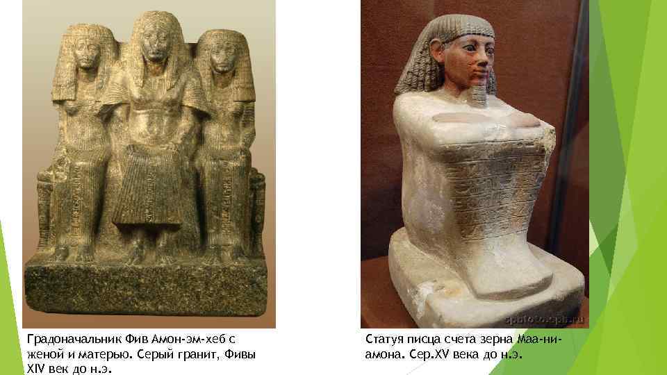 Градоначальник Фив Амон-эм-хеб с женой и матерью. Серый гранит, Фивы XIV век до н.