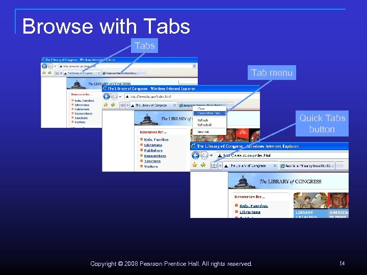 Browse with Tabs Tab menu Quick Tabs button Copyright © 2008 Pearson Prentice Hall.