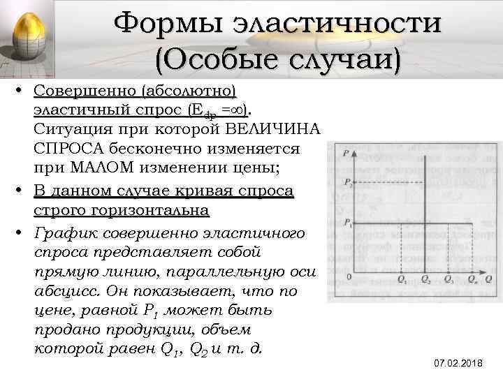 Формы эластичности (Особые случаи) • Совершенно (абсолютно) эластичный спрос (Edp =∞). ∞) Ситуация при