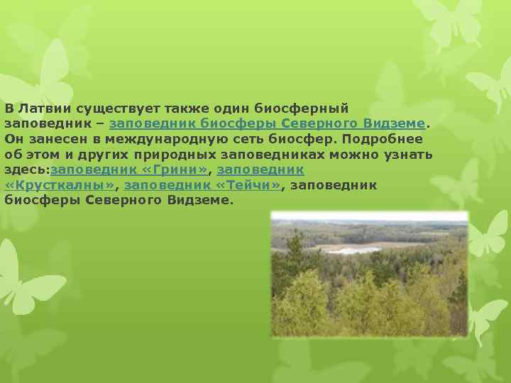 В Латвии существует также один биосферный заповедник – заповедник биосферы Северного Видземе. Он занесен