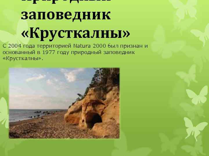 Природный заповедник «Крусткалны» С 2004 года территорией Natura 2000 был признан и основанный в