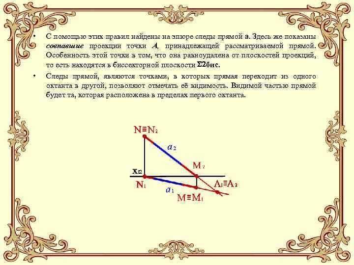  • • С помощью этих правил найдены на эпюре следы прямой а. Здесь