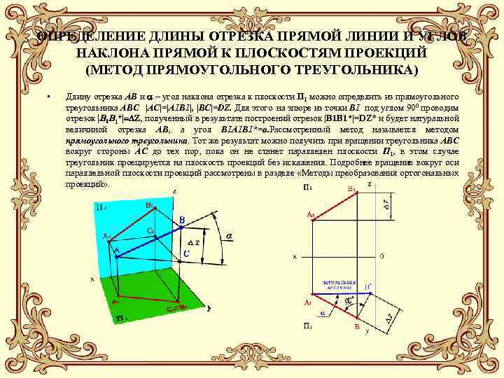 ОПРЕДЕЛЕНИЕ ДЛИНЫ ОТРЕЗКА ПРЯМОЙ ЛИНИИ И УГЛОВ НАКЛОНА ПРЯМОЙ К ПЛОСКОСТЯМ ПРОЕКЦИЙ (МЕТОД ПРЯМОУГОЛЬНОГО