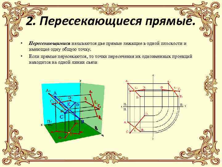 2. Пересекающиеся прямые. • • Пересекающимися называются две прямые лежащие в одной плоскости и