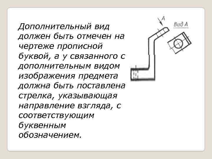 Дополнительный вид должен быть отмечен на чертеже прописной буквой, а у связанного с дополнительным