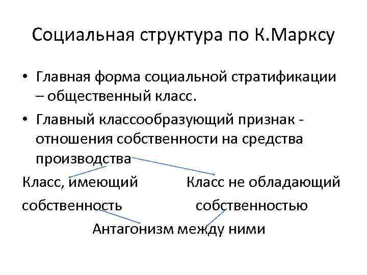Социальная структура по К. Марксу • Главная форма социальной стратификации – общественный класс. •