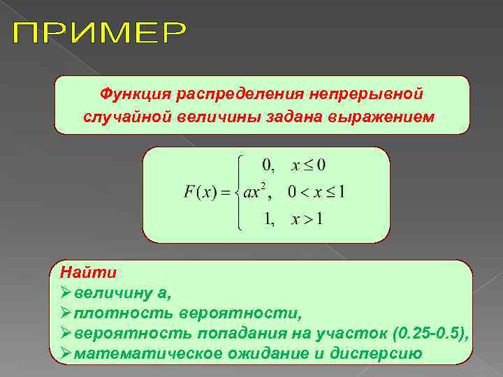 Функция распределения непрерывной случайной величины задана выражением: Найти Øвеличину a, Øплотность вероятности, Øвероятность попадания