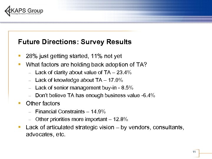 Future Directions: Survey Results § 28% just getting started, 11% not yet § What