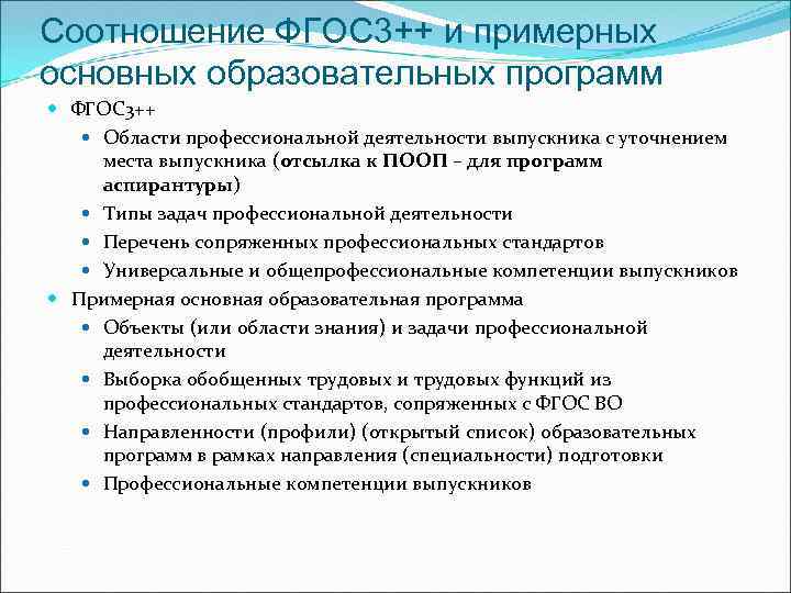 Соотношение ФГОС 3++ и примерных основных образовательных программ ФГОС 3++ Области профессиональной деятельности выпускника
