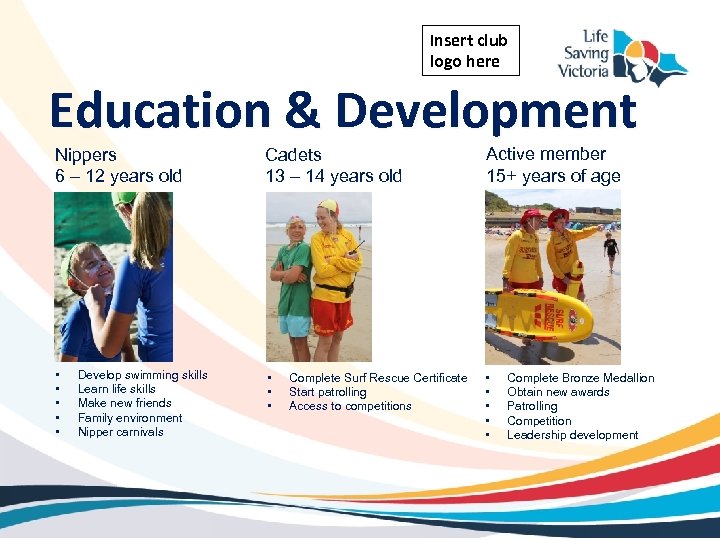 Insert club logo here Education & Development Nippers 6 – 12 years old Cadets