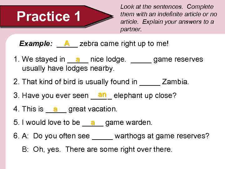 Practice 1 Look at the sentences. Complete them with an indefinite article or no