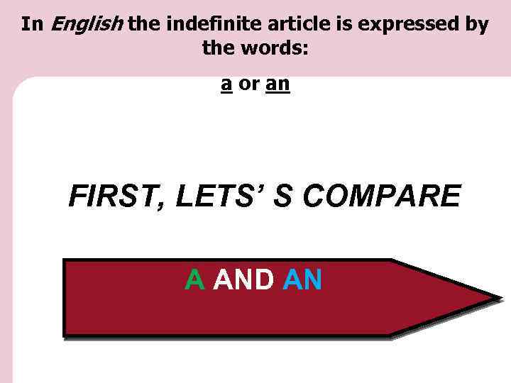 In English the indefinite article is expressed by the words: a or an FIRST,
