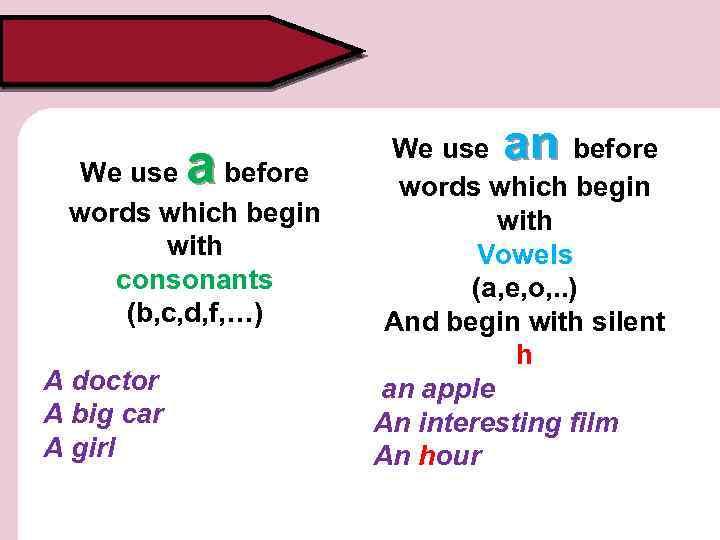 a We use before words which begin with consonants (b, c, d, f, …)